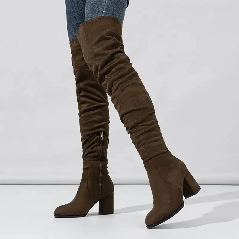 Comfortable Knee-High Winter Boots for Women Ladies Flat Frosted Over-the-Knee PU Rubber Boots with 7.5cm Height