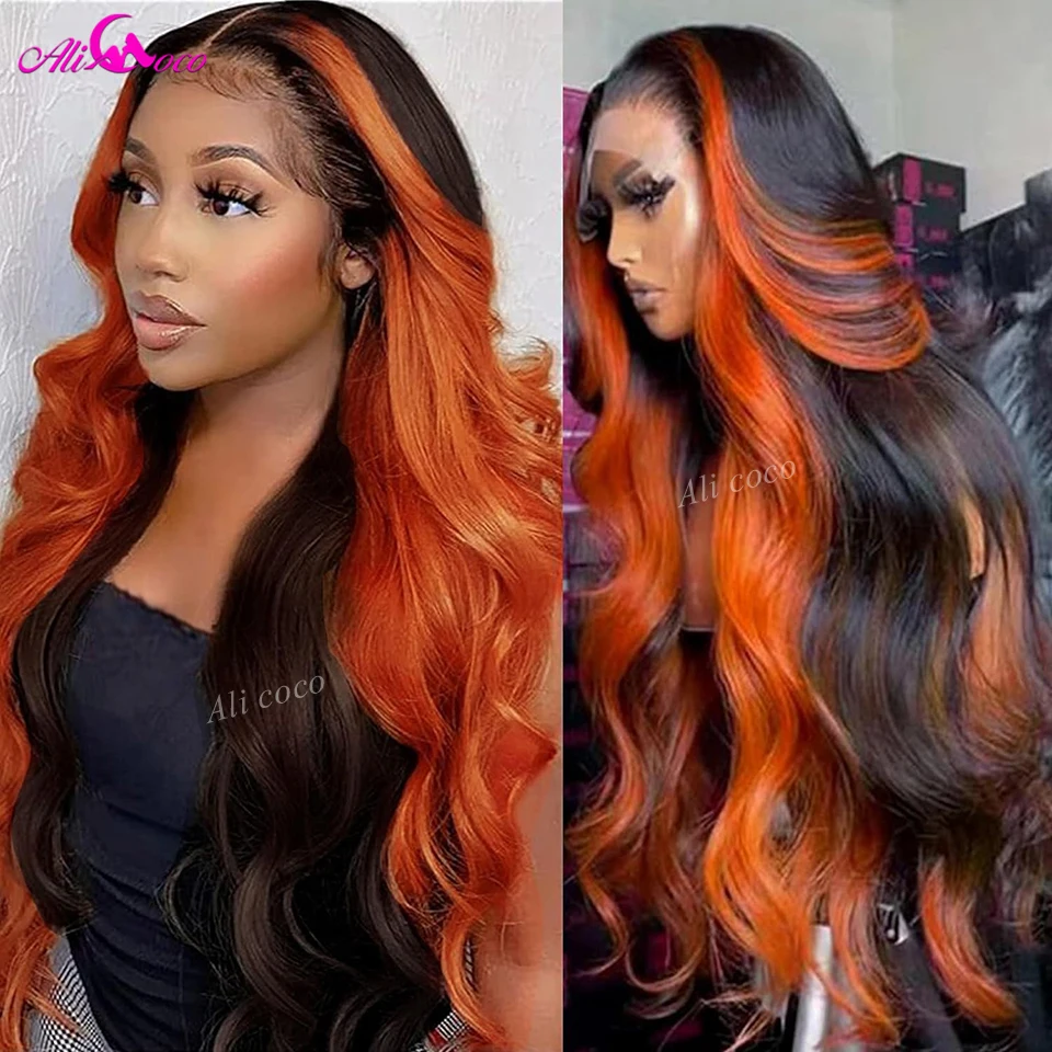 

Ginger 13x4 Lace Front Wigs Human Hair 180% Density Glueless Pre Plucked Ginger Orange Ombre Colored Highlight Lace Front Wigs