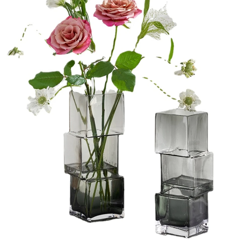 

Creative Strange Shape Square Glass Vase Transparent Aquatic Flowers Rose Dried Flower Arrangement Decoration Living Room Dining