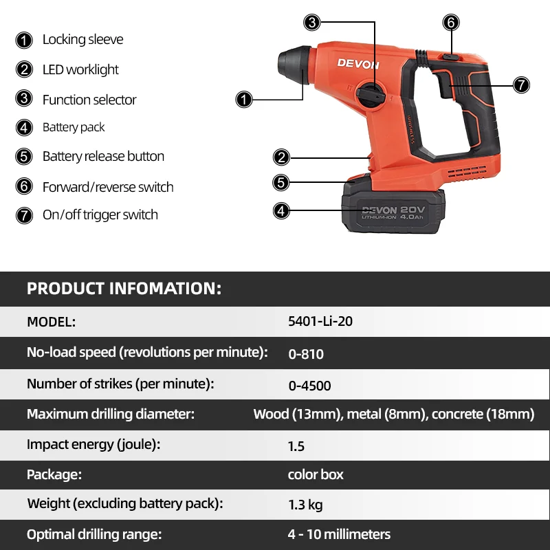 Devon 5403-Li-20V Battery 13/8/18mm Brushless Electric Hammer Drill Compact and Easy to Operate Home DIY Cordless Power Tools 6