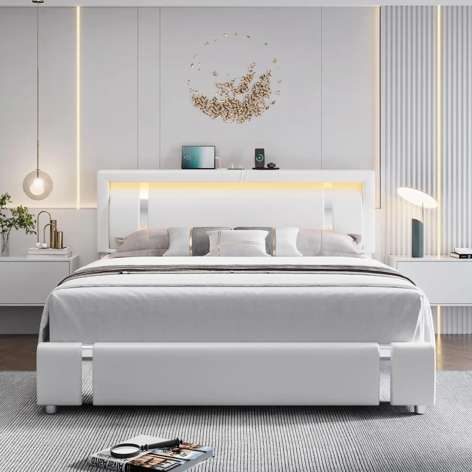 Queen Bed Frame with RGB LED Lights Headboard & 2 Storage Drawers, Modern Upholstered Faux Leather Smart Plat  White