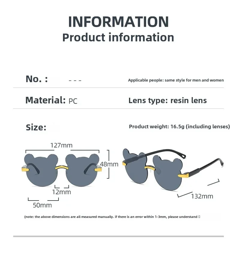 3Pcs Kids Children Sunglasses UV400 Outdoor Anti-Glare Sun Glassess Rimless Casual Bear Shape Boy Girl Eyewear 6