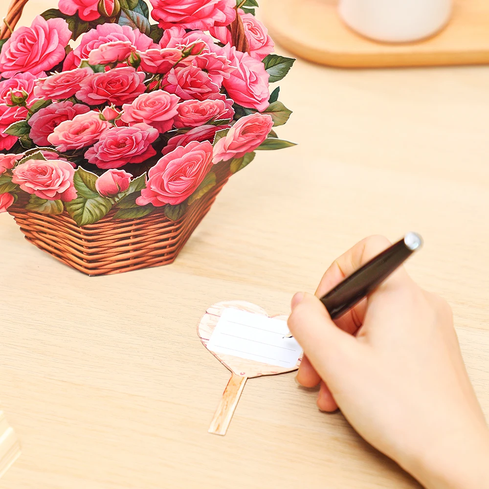 Mothers Day Pink Rose Flower Basket Celebration Creative Home Decor Anniversary Floral Ornaments 3D Pop-up With Envelope