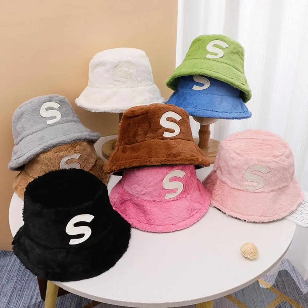

Women Winter Fisherman Hat Letter Decor Flat Top Deep Anti-slipThick Plush Soft Windproof Warm Solid Color Lady Autumn Bucket Ca