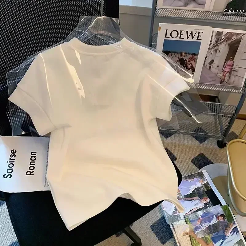 Women's White Moon Print Short Sleeve T-Shirt Summer Casual Round Neck Basic Tee Niche Fashionable and Versatile Top 2
