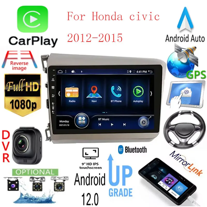 

2 Din Car Radio Stereo Auto For Honda civic 2012-2015 DSP+Carplay Android 12 Wifi BT SWC Camera GPS