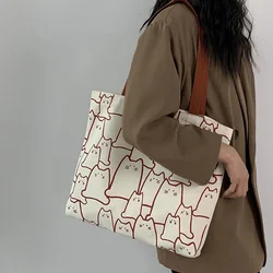 Women's Japanese Style Cartoon Cat Canvas Tote Bag with Zipper (Beige)