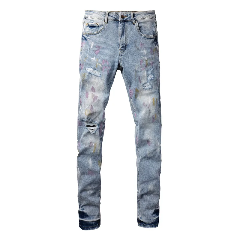 

Men Holes Ripped Denim Jeans Streetwear Stretch Denim Skinny Tapered Pants Painted Distressed Trousers
