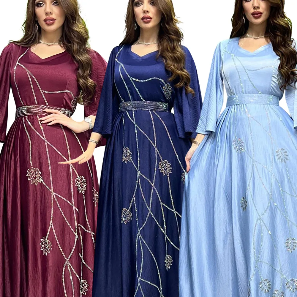Modest Muslim Dress Abaya Dubai Leaf Diamond Party African Turkey Dresses for Women with Belt Morocco Kaftan Robe India Jalabiya