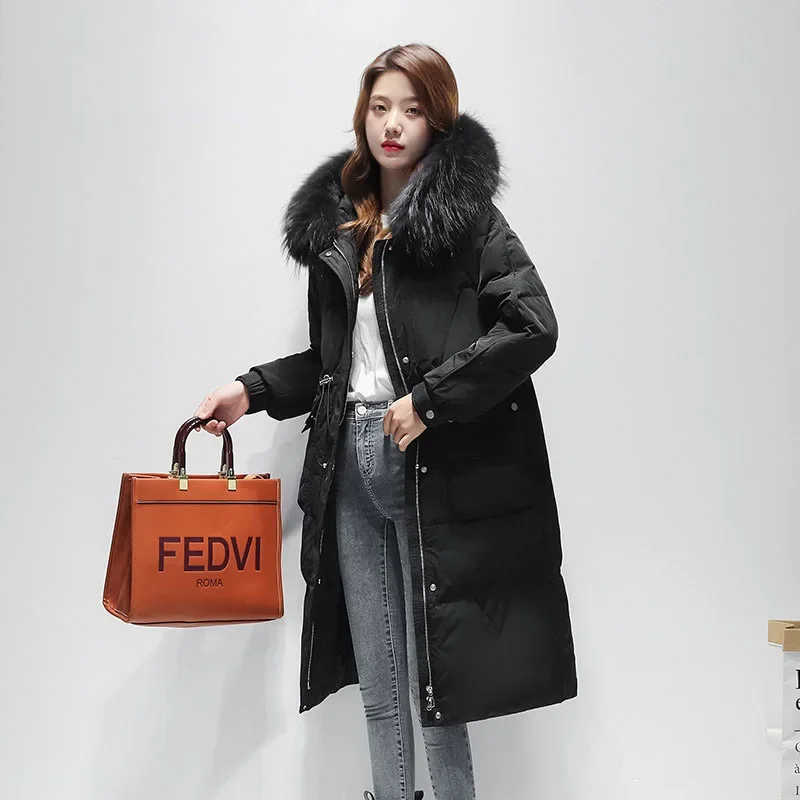 White goose down 2023 winter new down jacket for women's high-end and atmospheric mid length drawstring slimming down jacket