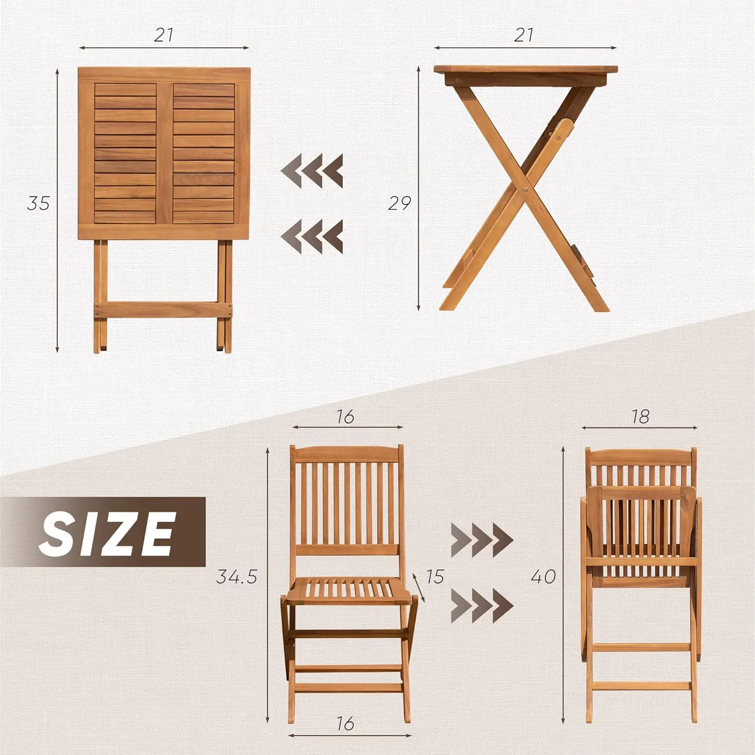 Outdoor 3 Piece Folding Patio Bistro Set Acacia Wood Bistro Table and Chairs Set of 2 for Garden Poolside Backyard Balcony Porch