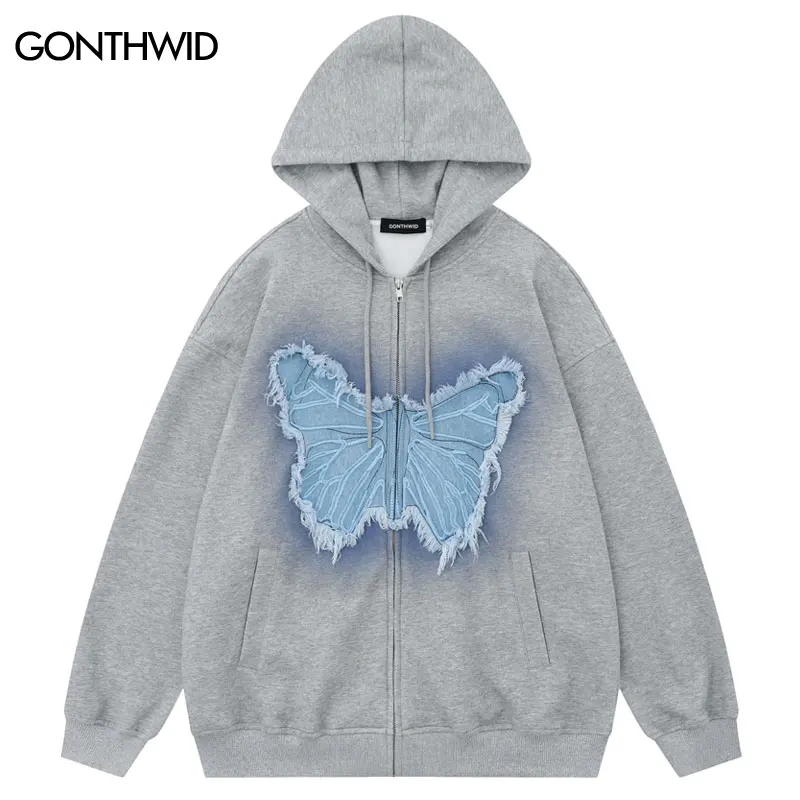 

Harajuku Hoodie Coat Y2K Hip Hop Embroidery Butterfly Patch Hooded Sweatshirt Jacket 2023 Men Fashion Zipper Loose Hoodies Coats