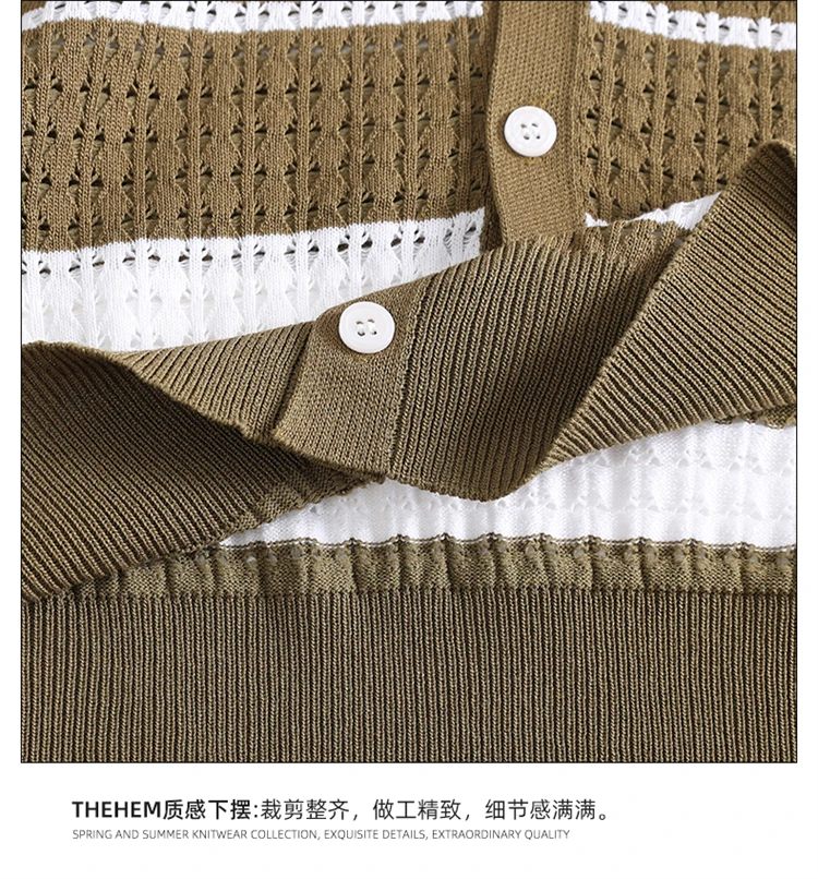 Loose Fit Knitted Polo Shirts Man Single Breasted Viscose Elastic Summer Quality Hollow Out Breathable Striped Camisas De Hombre 27 S6e5ec95b7e354aaea1fbbe353228b04bA