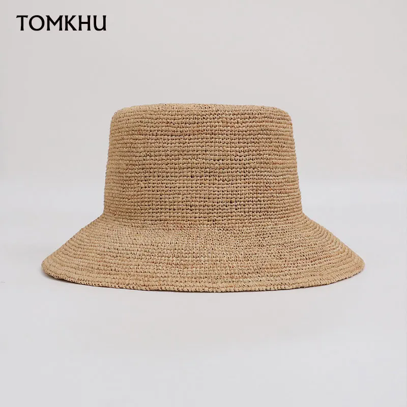 

Summer Handmade Raffia Straw Wide Brim Bucket Hats Women Fashion Casual Sun Hat Foldable Flat Top Straw Hats Vacation Beach Hat