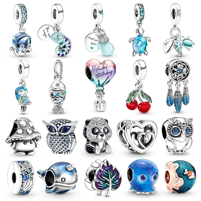 

100% 925 Silver Chameleon Owl Cherry Leaf Hot Air Balloon Octopus Charms Beads Fit Original Pandora Bracelets DIY Jewelry Making