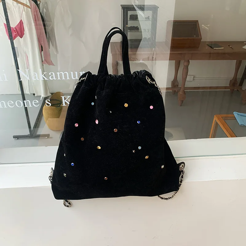 JulioFlorecer Korean Niche Frosted PU Suede Patchwork Colorful Gemstone Chain Backpack Drawstring Bag Female Purse Free Shipping