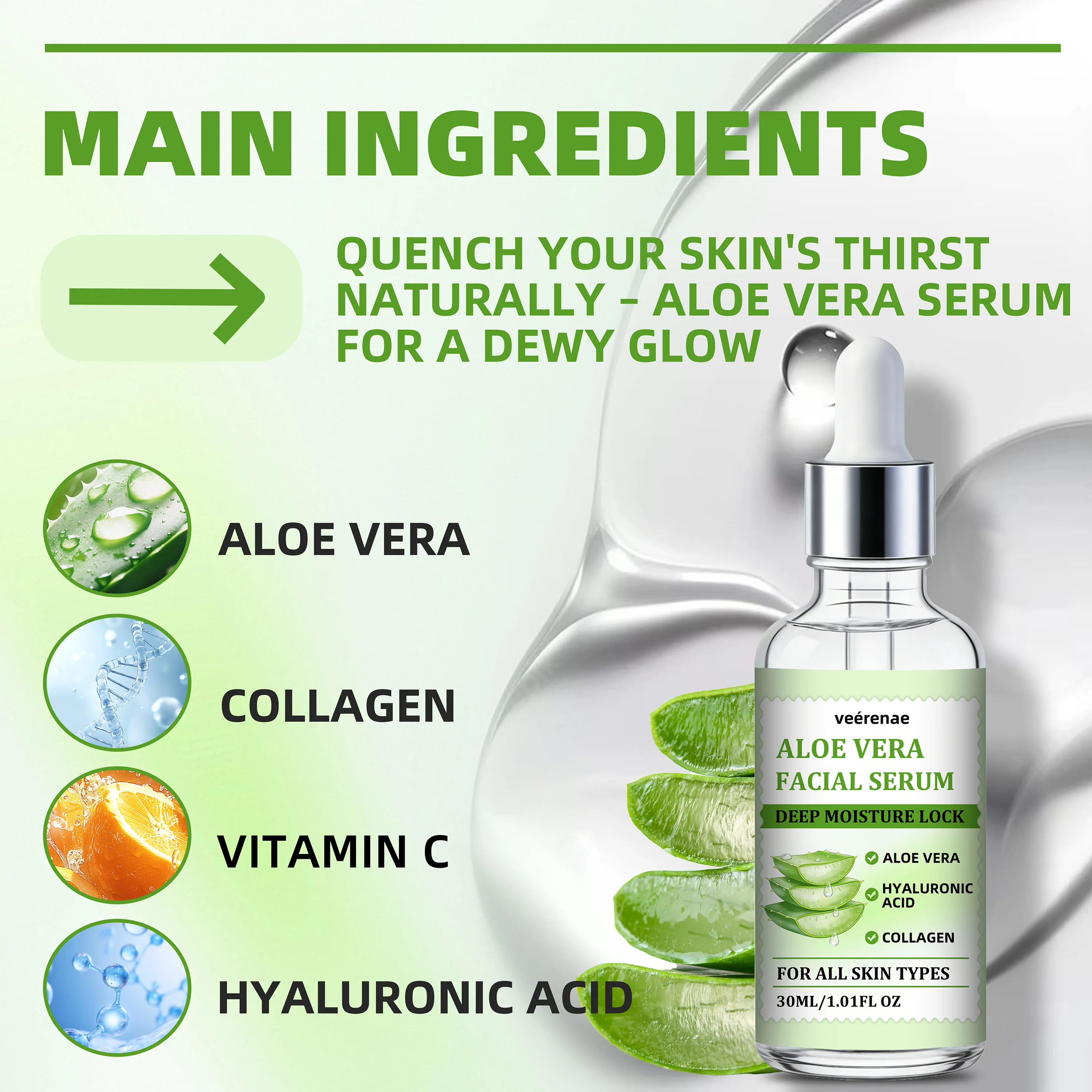 Veérenae Aloe Vera Facial Hydration Serum - Soothing, Oil-Free, Quick-Absorbing & Non-Greasy, Ideal