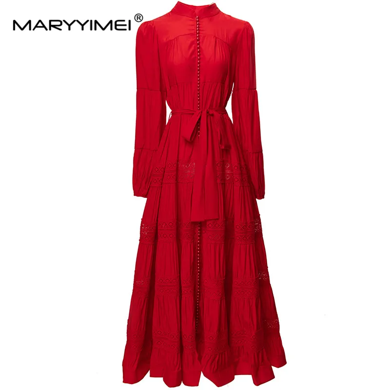 

MARYYIMEI Fashion Designer spring Summer Women's V-Neck Lantern Sleeved Single-Breasted Hollow Out Lace-UP Big Swing Dresses