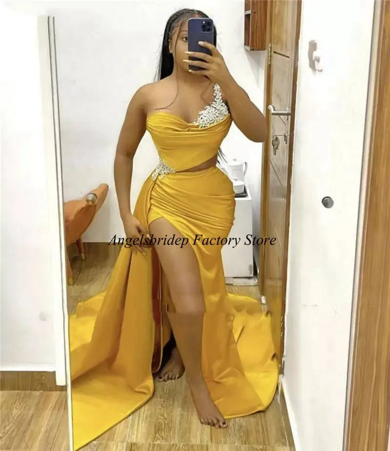 

Angelsbridep One Shoulder Side Split Mermaid Appliques Prom Dresses Saudi Arabia Evening Gowns Formal Elegant Celebrity Dresses