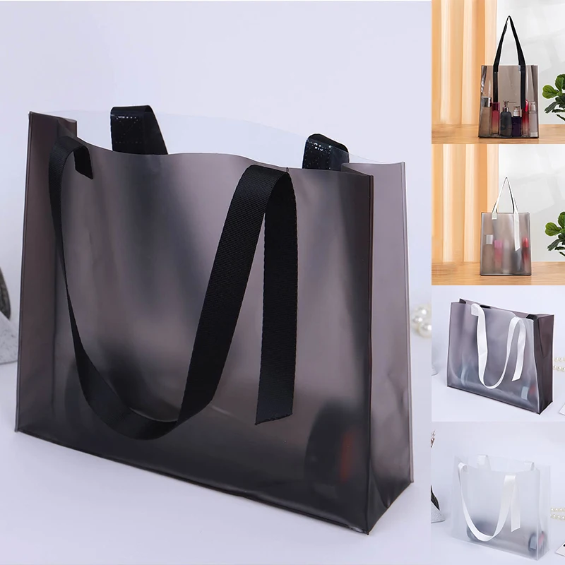 

PVC Transparent Gift Bag With Handles Clear Tote PP Frosted Plastic Shopping Tote Bag Clothing Drinks Travel Grocery Packaging