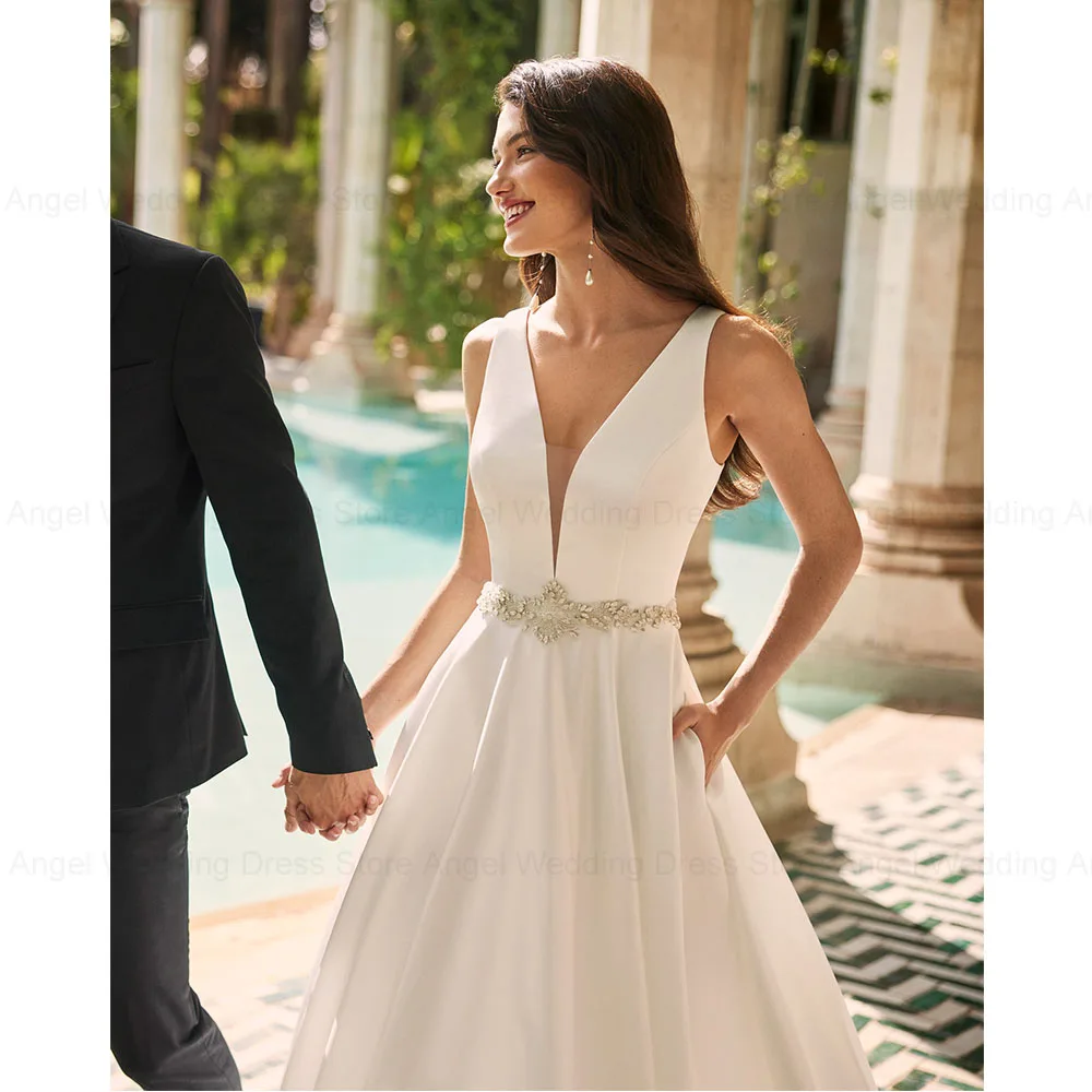 ANGEL Backless Satin Wedding Dresses for Women Sleeveless A-Line V-Neck Bridal Gowns 2024 Beading Zipper Vestido de Novias Boda 3