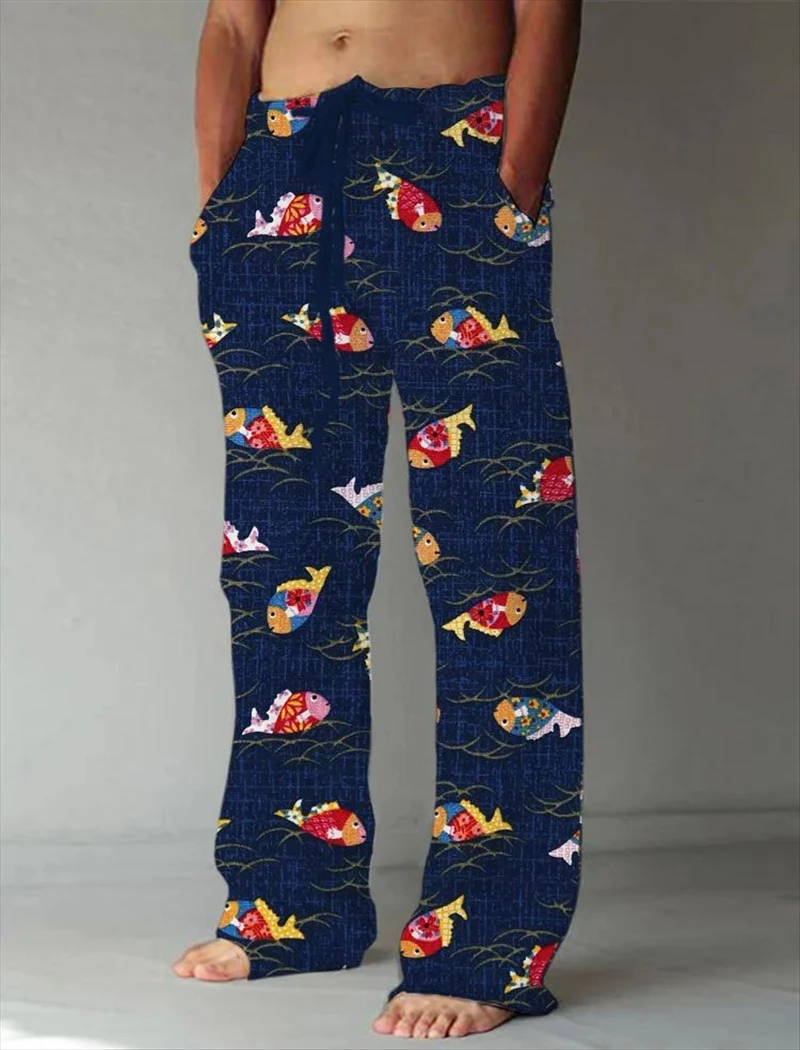 Summer men's trousers 3D printed black ink fish pattern slim fit casual trousers Comfortable casual men's straight trousers