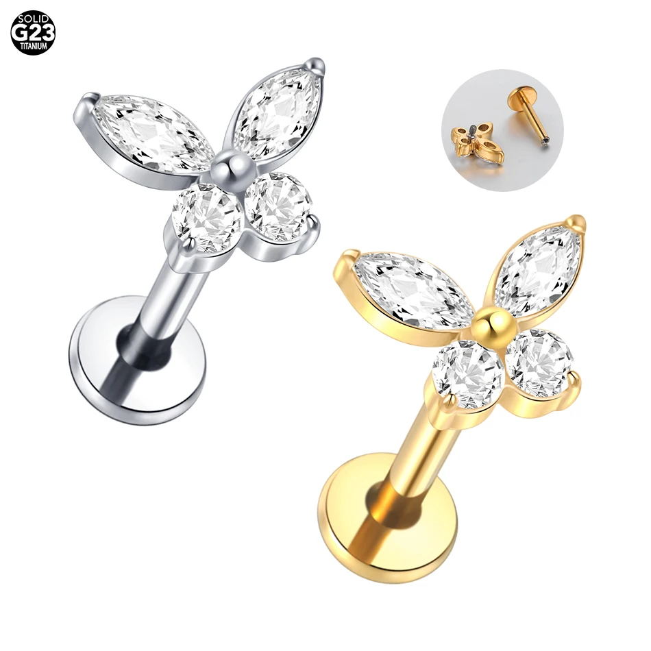 

1/5pcs Implant Grade Titanium CZ Butterfly Labret Piercing Flat Back Lip Monroe Tragus Stud Earring Tragus Piercing Body Jewelry