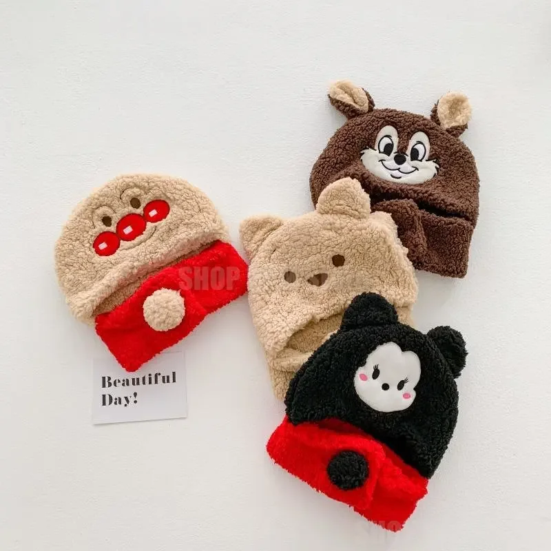 Disney Mickey Mouse Winter Baby Winter Cap Lining Cute Boy Girl Warm Bear Knitted Hat Kids Earflaps Knit Hats for Toddler Cap