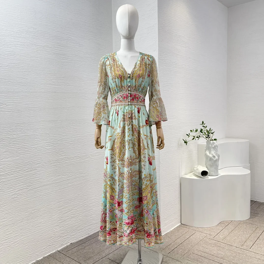 

Pink Green Vintage Floral Silk V-Neck Women Clothing Long 2024 Spring Summer New Stretchable Waist Skin-friendly Midi Dress