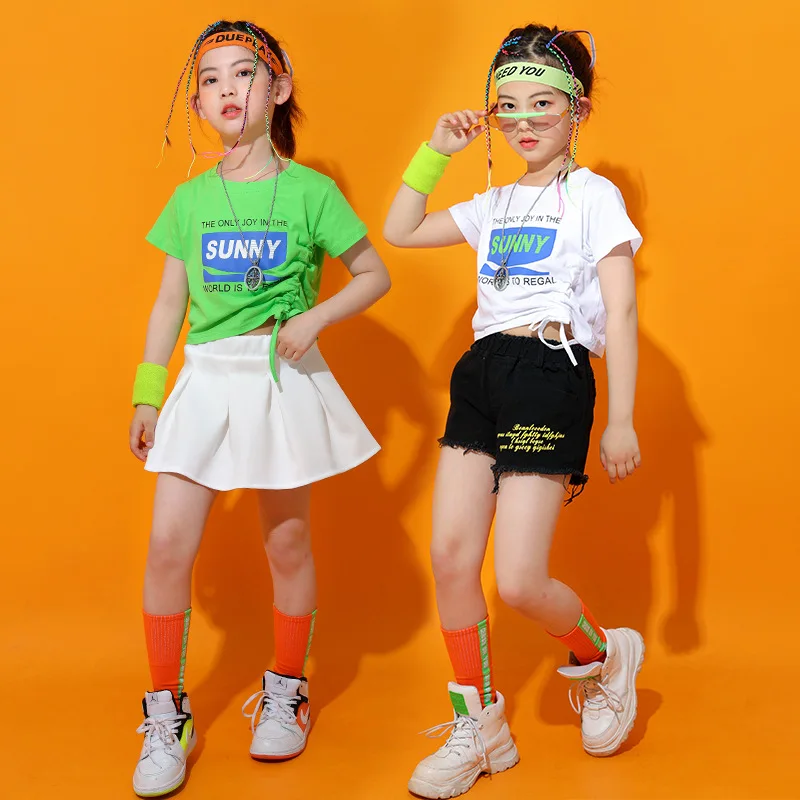 

Kids Hip Hop Concert Dancing Clothing Green Tshirt Streetwear White Summer Shorts Skirt For Girl Boy Jazz Dance Costume Clothes