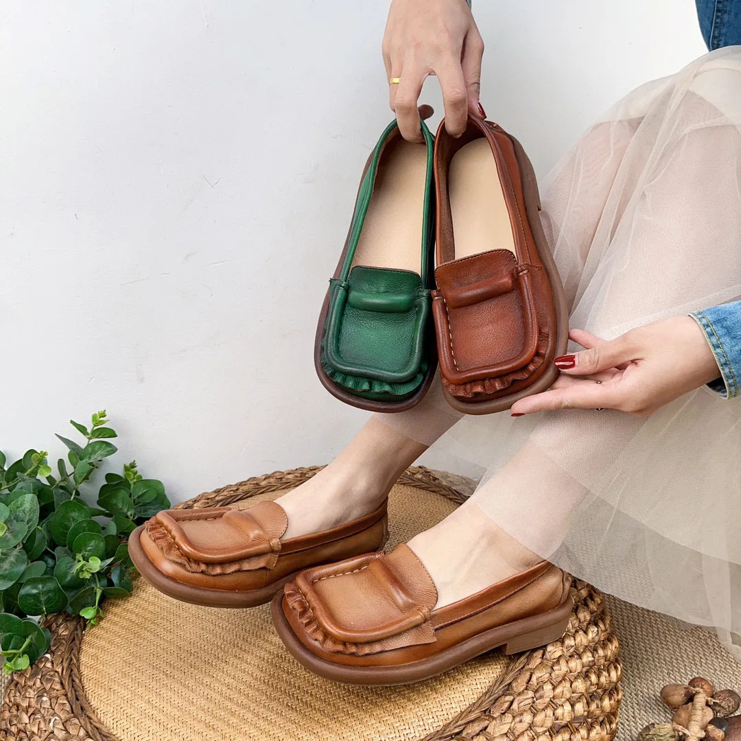 

Birkuir Genuine Leather Square Toe Loafers Shoes For Women Flats Luxury Design Flats Pleated Spring Leisure Low Heel Ladies Shoe