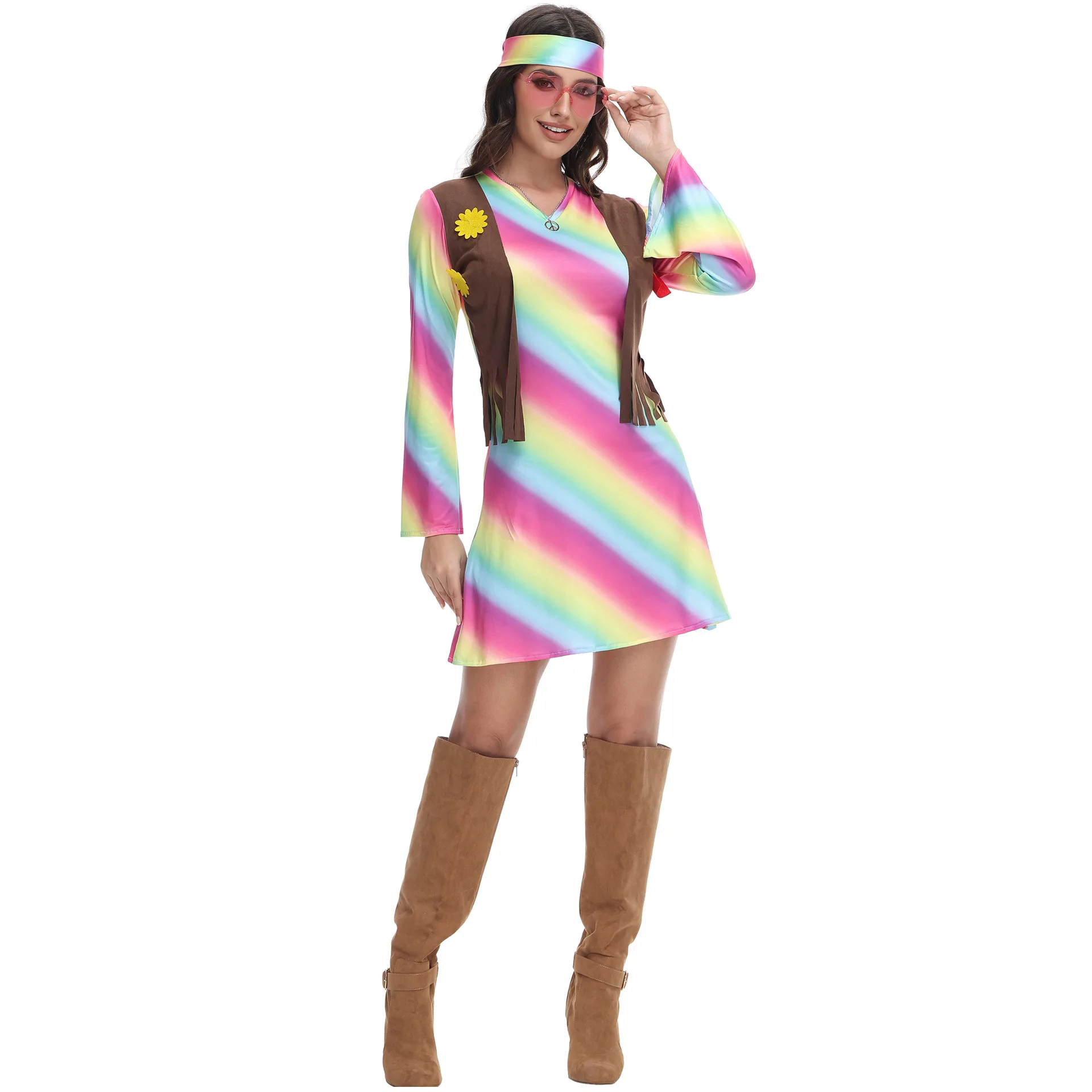 

Hip Hop Singer Cosplay rainbow dress Retro Costume for Adult Girls Carnival Party dancer halloween
