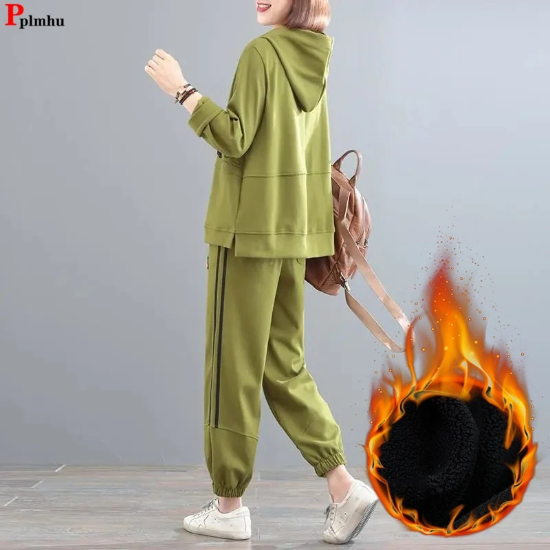 

Winter Warm 2 Pieces Sets Hooded Plush Lined Tops Outfit High Waist Ankle Length Baggy Thick Harem Pant Suits Oversize Ensemble