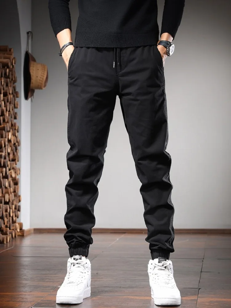 Black Casual Pants Men Cotton Joggers Fashion Korean Style Slim Fit Elastic Waist Drawstring Pencil Pants