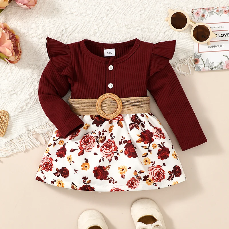 ma&baby 3M-3Y Newborn Infant Toddler Baby Girl Dress Fall Flower Print Patchwork Ruffled Long Sleeve A-Line Dresses + Belt D05
