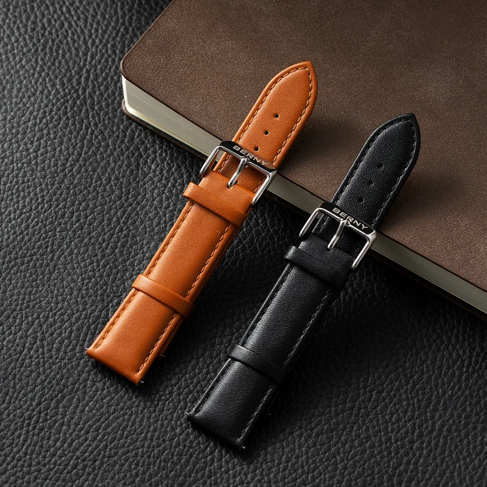 BERNY 100% Genuine Leather Watch Strap Watchbands 14/16/18/20/22mm Pin grain Hygroscopic and Breathable High Quality Watchbands