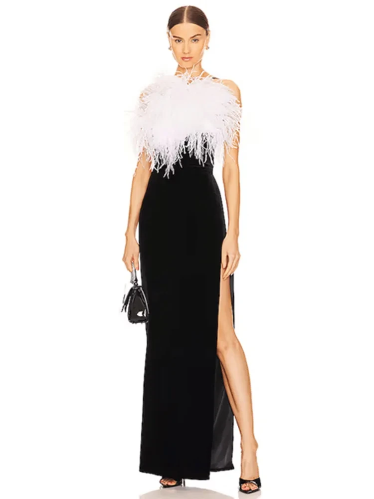 

Женское длинное платье с открытой спиной, черное облегающее Вечернее Платье макси с перьями, лето 2024