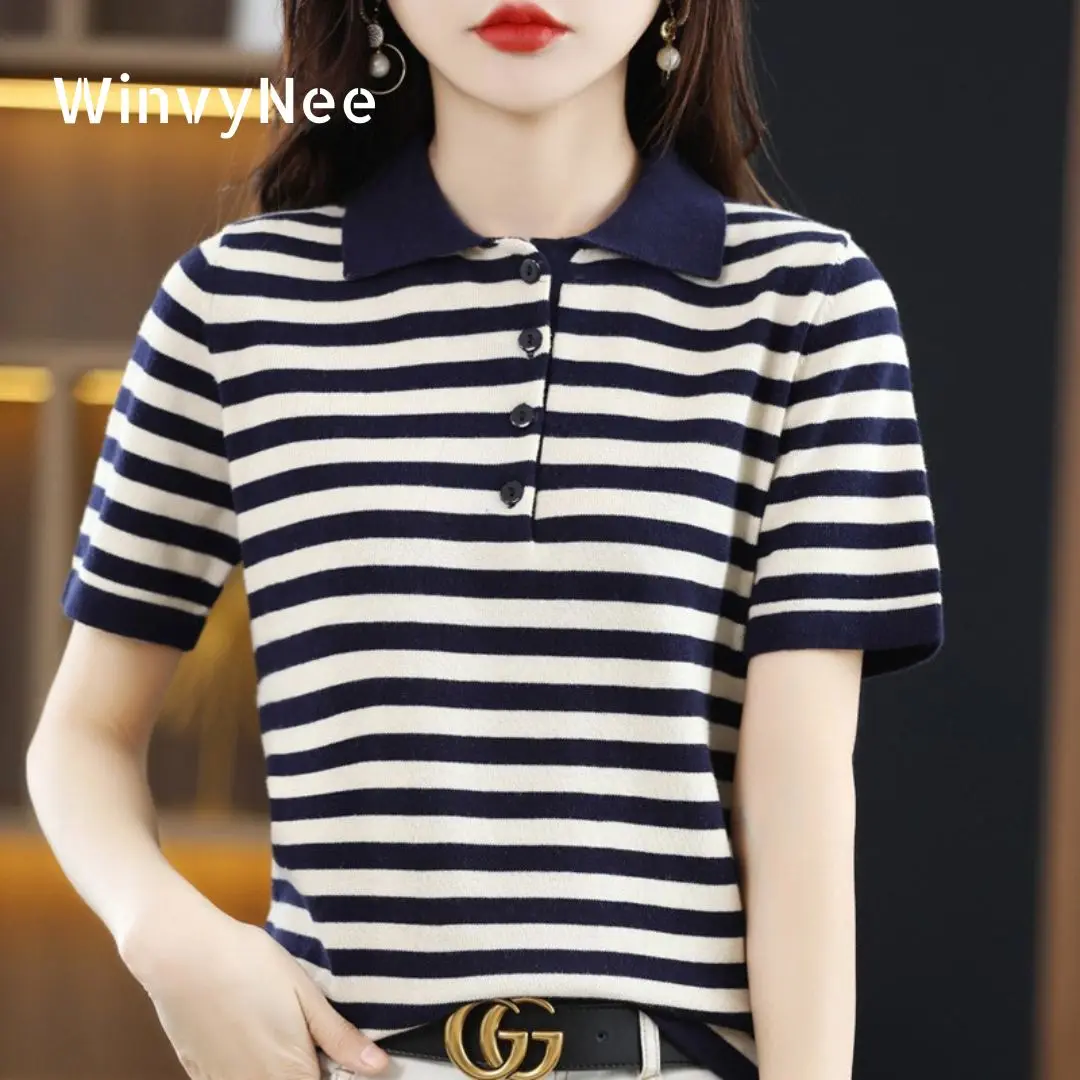 WinvyNee Summer Women's Solid Polo Shirt Striped Short Sleeved Top Casual Cotton T Shirt Women Casual Knitted Clothing A1002003