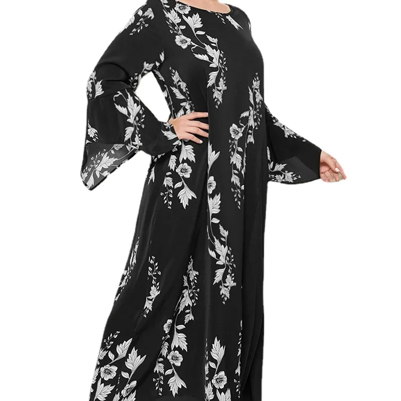 

Muslim Women's Dress Fashion Print Round Collar Loose Long Sleeve Dress Dubai Abaya Turkey Arab Femme Kaftan 2022 Summer