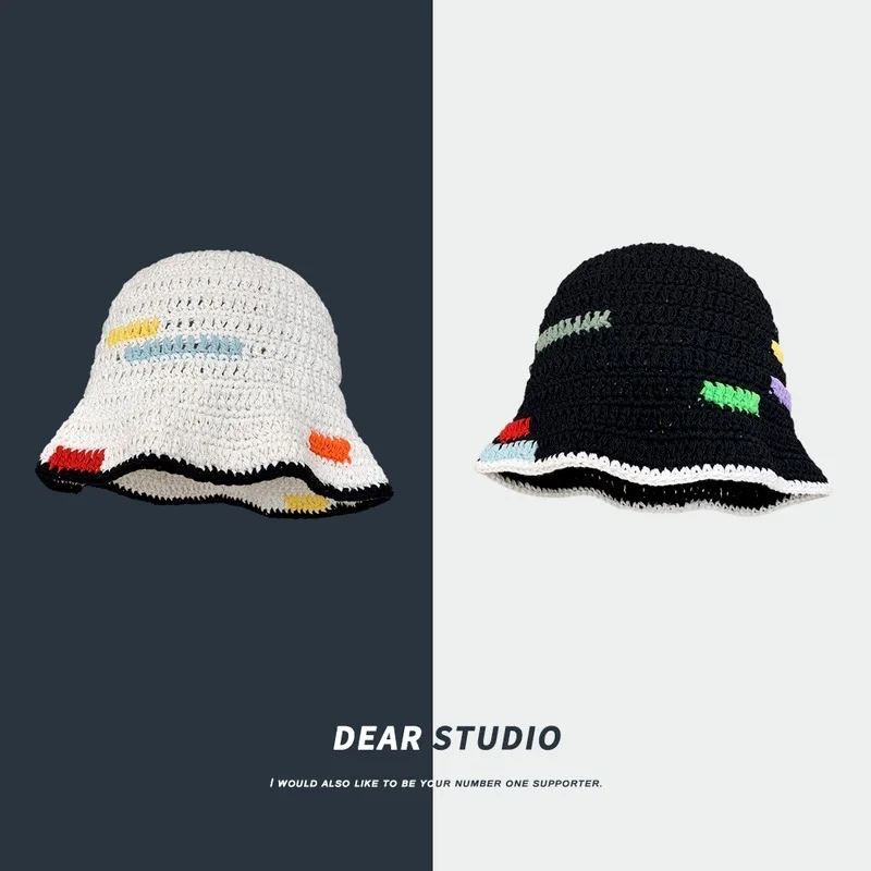Korean Niche Designer Bucket Hat Contrast Color Knitted Fisherman