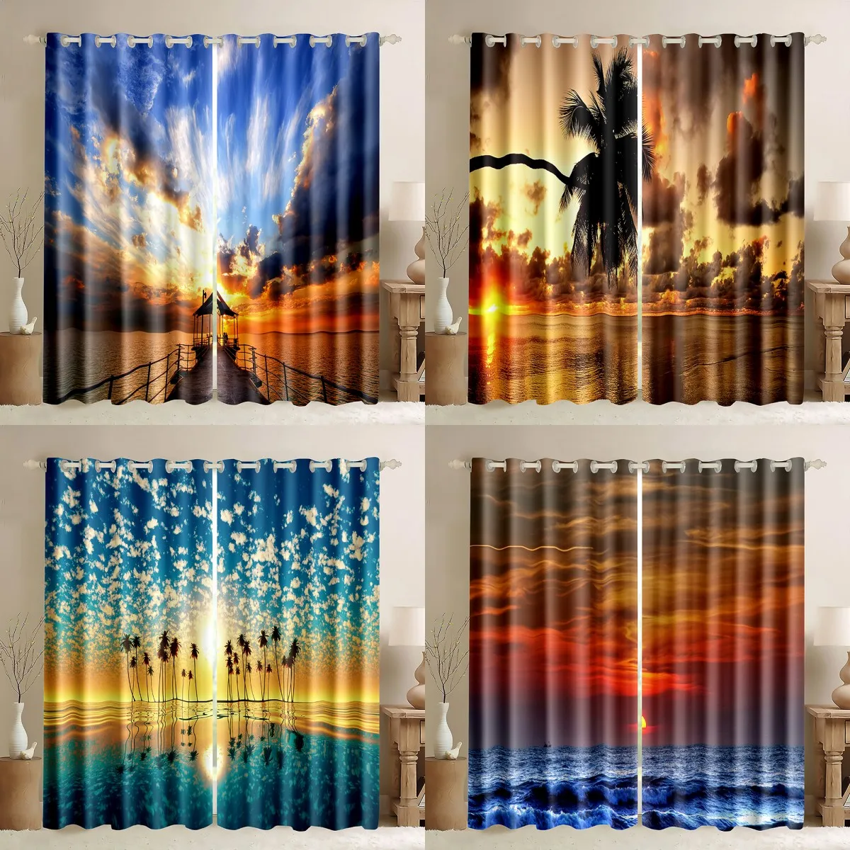 

Ocean Beach Sunset Palm Trees 90% Blackout Curtains Tropical Island Decor Seaside Thick Window Drapes for Bedroom Living Room