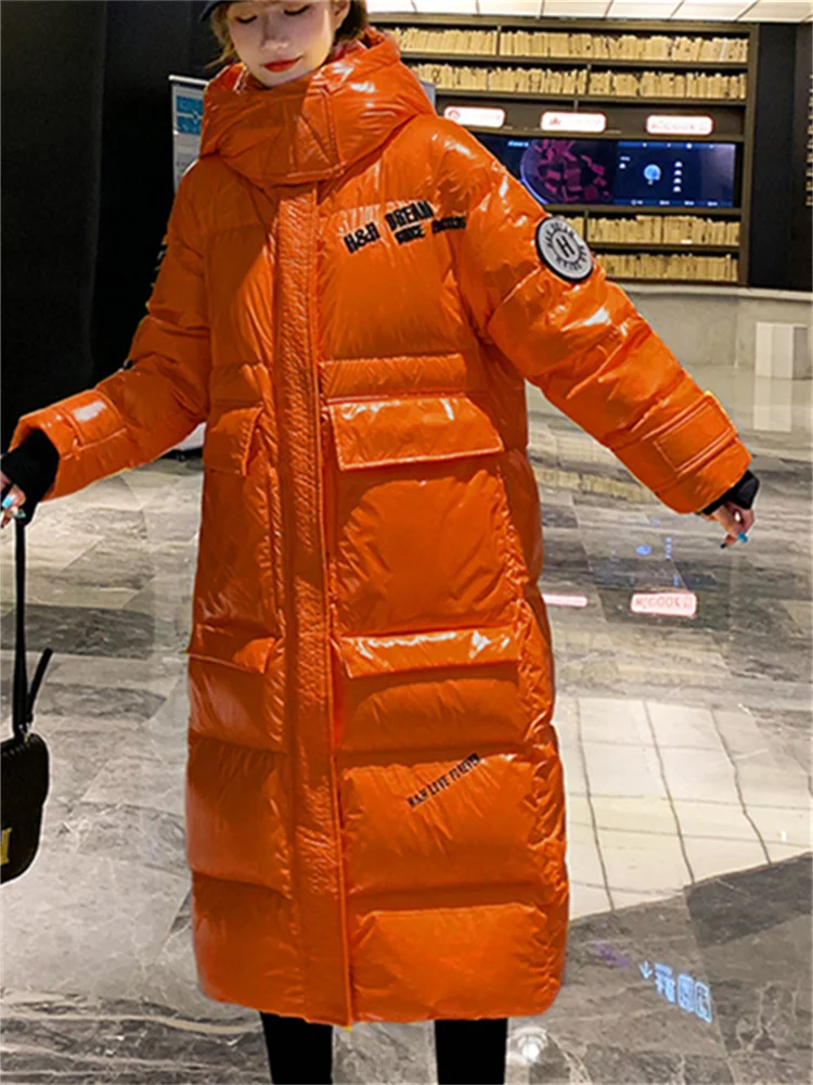 

Long Parka Women Down Cotton Jacket Female Loose Oversize Hooded Padded Coat Ladies Glossy Pocket Fashionable Overcoat Chamarras