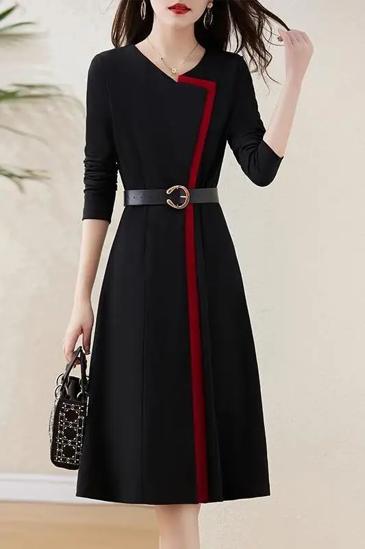 chinese dress ladies Women Robe Femme Autumn Print A-Line Dresses Patchwork V-Neck Long Sle main image 1