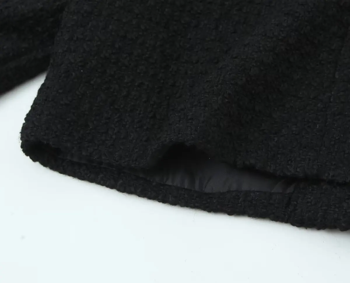 Autumn O neck Soft Woolen Black Tweed Coat Cropped Vintage Women Silver Buttons Full Sleeve Short Blazer Elegant Jacket