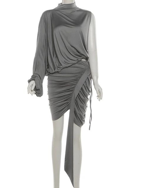 Casey One shoulder Shirring Ruched Peach Hip Skirt Set 6