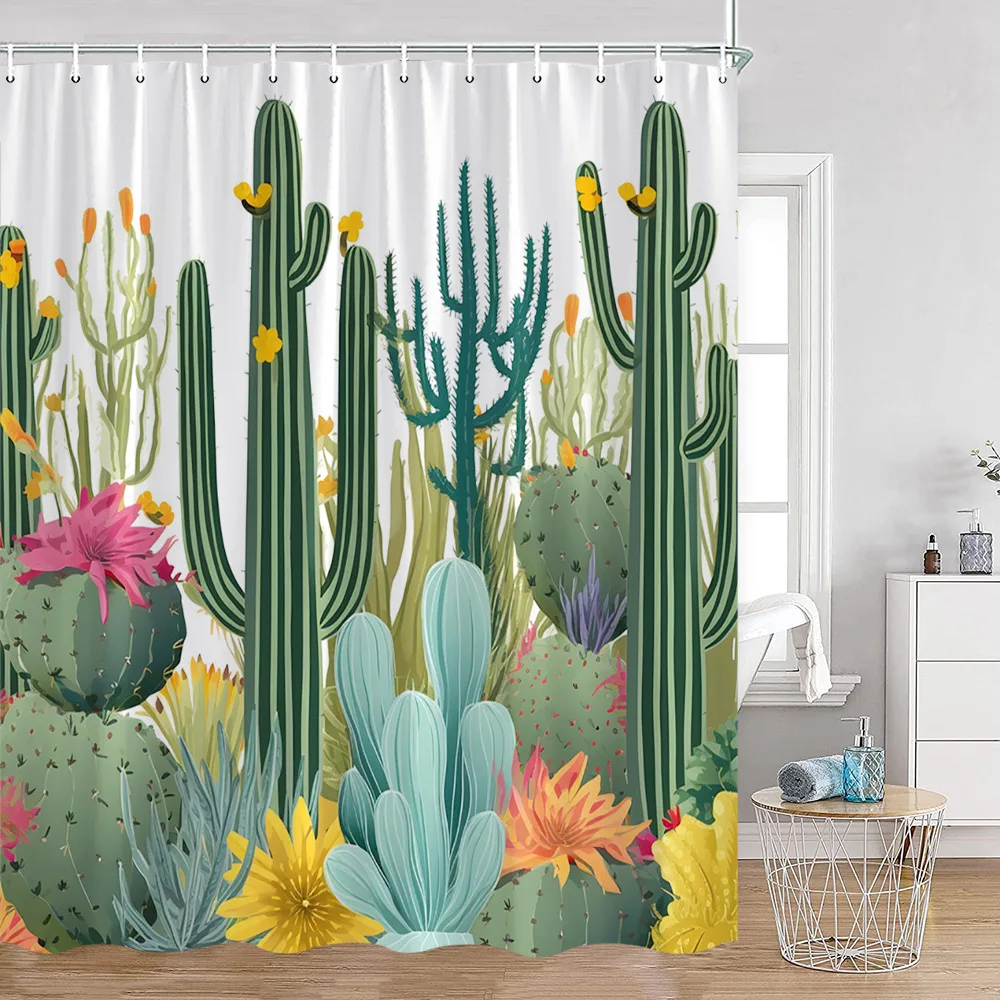 

Green Cactus Shower Curtains Watercolour Yellow Floral Succulent Tropical Desert Plants Bath Curtain Bathroom Decor with Hooks