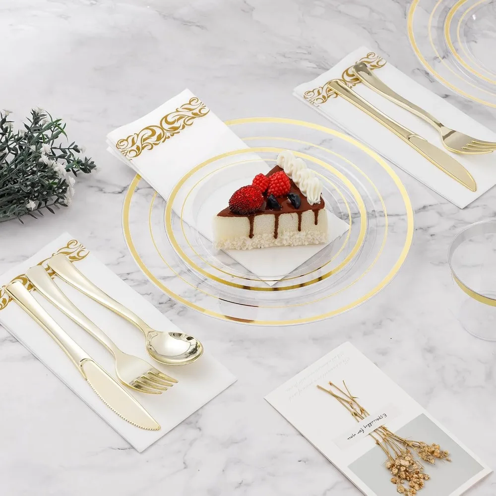 700PCS Clear Gold Disposable Dinnerware Set (100 Guests), Plastic Plates for Party, Wedding, Include: 200 Plastic Plates