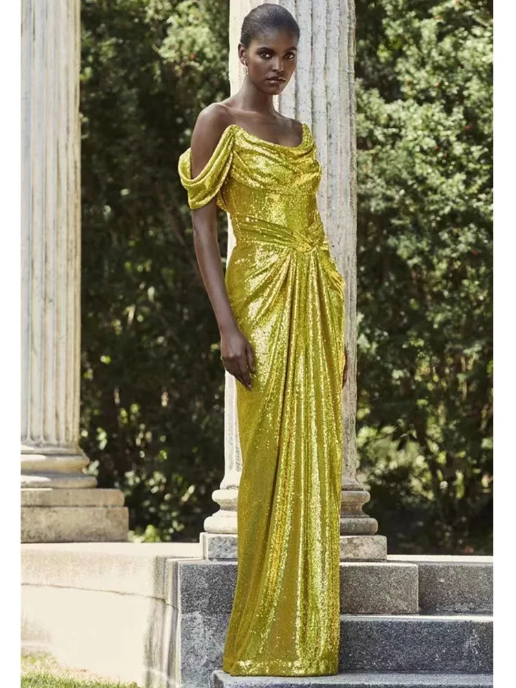 

High Quality Women Gold Sequined Glitter Luxury Prom Gowns Elegant Off Shoulder Folds Maxi Long Birthday Celebrity Party Dresses