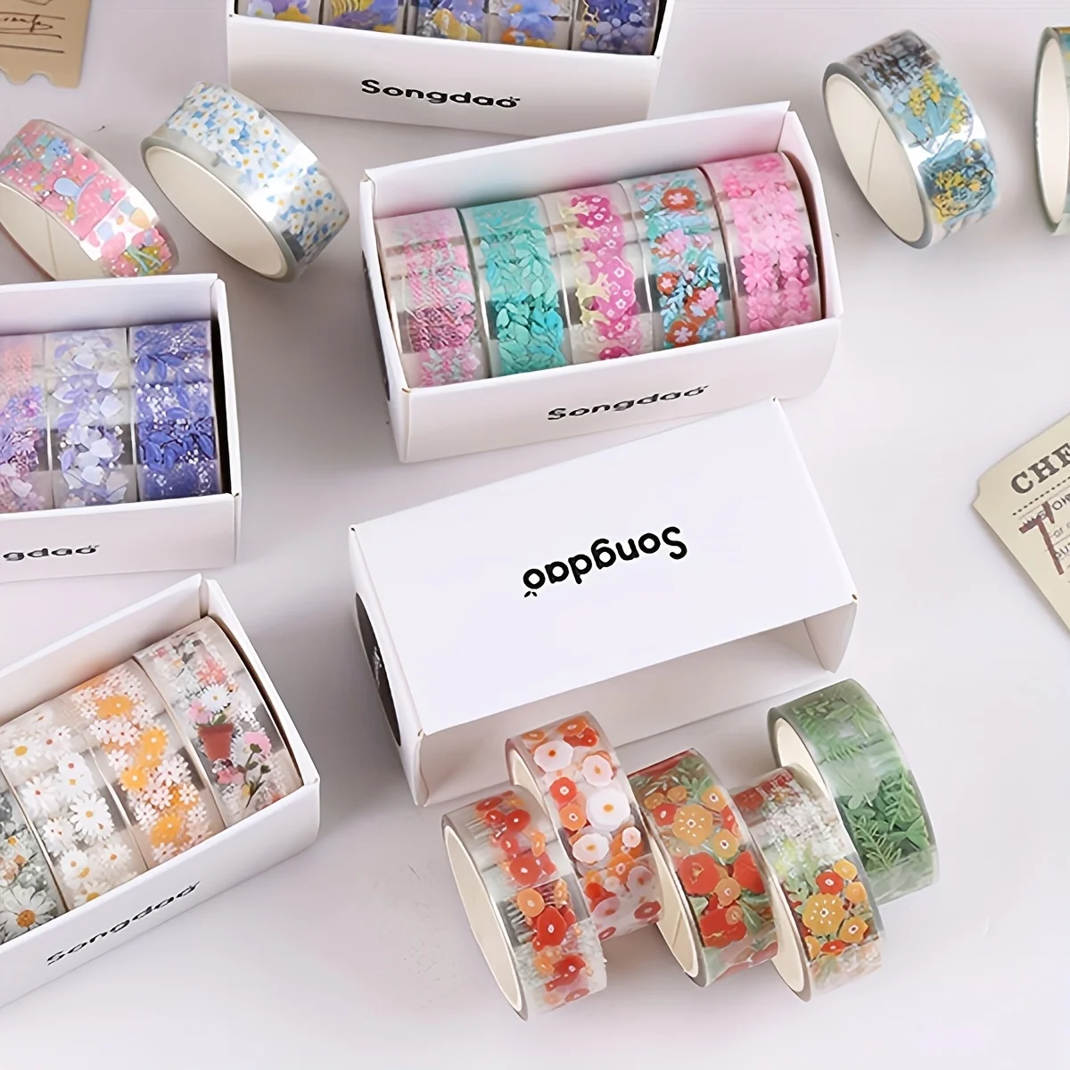 Vintage Flower Washi Tape 5 rolls/box small floral transparent PET material decorative tape must-have gift for friends