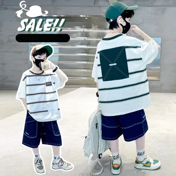 Set di abbigliamento estivo per bambini per ragazzi Tuta sportiva casual Bambini Adolescente Abiti in cotone Tuta a maniche corte a righe Costume di lusso